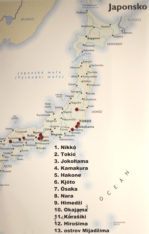 Mapa s navštívenými městy na ostrově Honšú