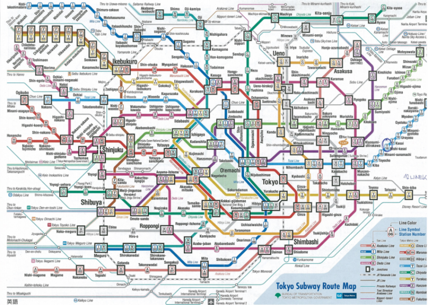 Mapa Tokijského metra se 13 linkami metra